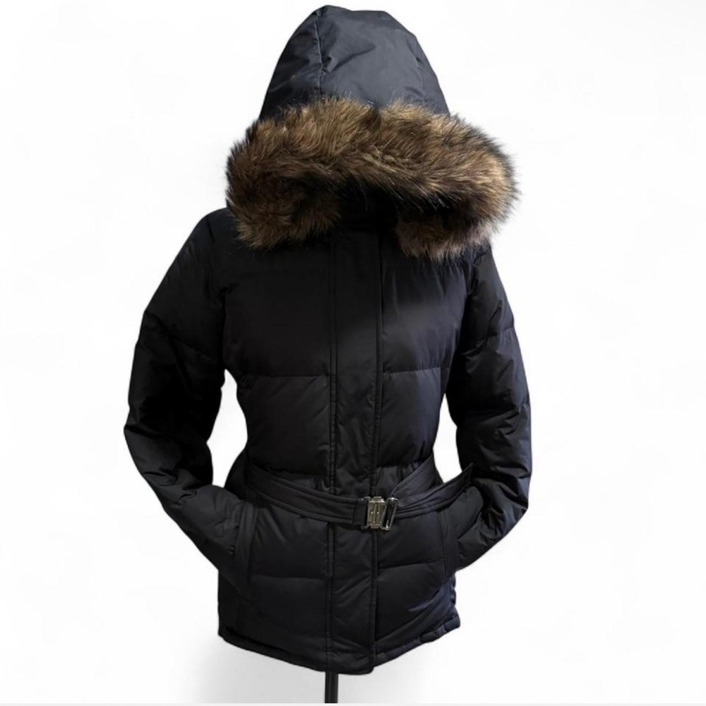 GAP Women's Black Puffer Jacket with Faux Fur Hood